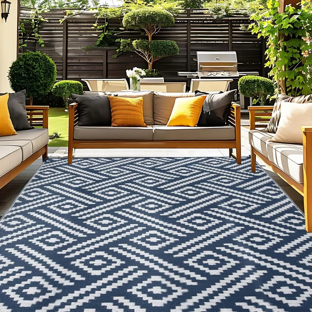 VIKAMA Black White Geometric Outdoor Rug Waterproof Non Slip Patio Balcony Camping Mat for Living Room Bedroom