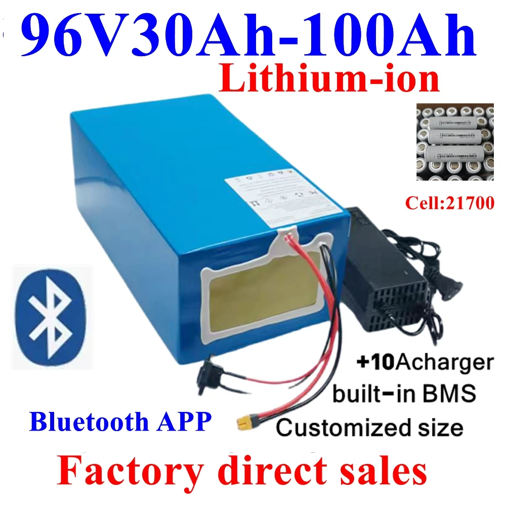 

Batterie lithium-ion avec Bluetooth, robot moteur, scooter, moto AGV, charger inclus, 50Ah, 96V, 80Ah, 100Ah, 30Ah, 40Ah, 5000W.