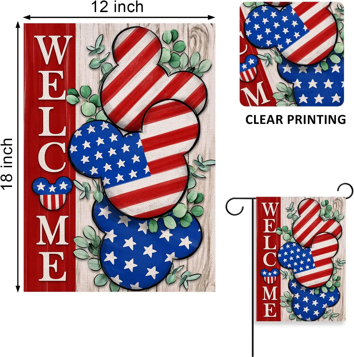 Welcome 4th of July Stars Stripes Cartoon Mouse Patriotic Decorative Garden Flag, American USA Memorial Day Yard Outside Decorat