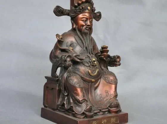 11'' China Folk God Of Wealth Mammon Ruyi Yuanbao Dragon Bronze Statue