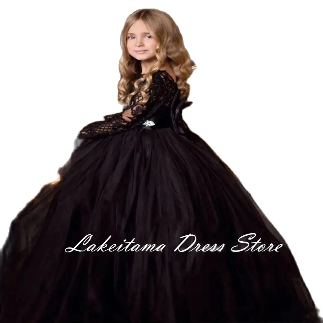 Black Flower Girl Dresses For Weddings Tulle Ball Gown Long Sleeves Tulle First Holy Communion Dresses For Little Girls