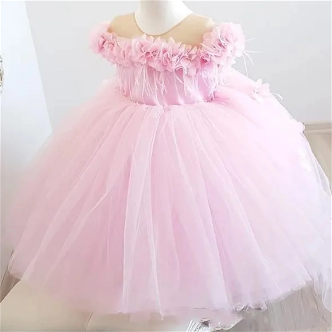 

Flower Girl Dresses White Tulle Puffy Flower Pattern With Bow Long Sleeve For Wedding Birthday Party First Communion Gowns