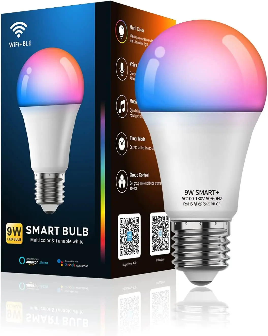 Smart Light Bulb Works with Alexa Google Home, WiFi & Bluetooth 5.0 APP Control, A19 E26 Color Changing LED Light Bulb, Dimmable