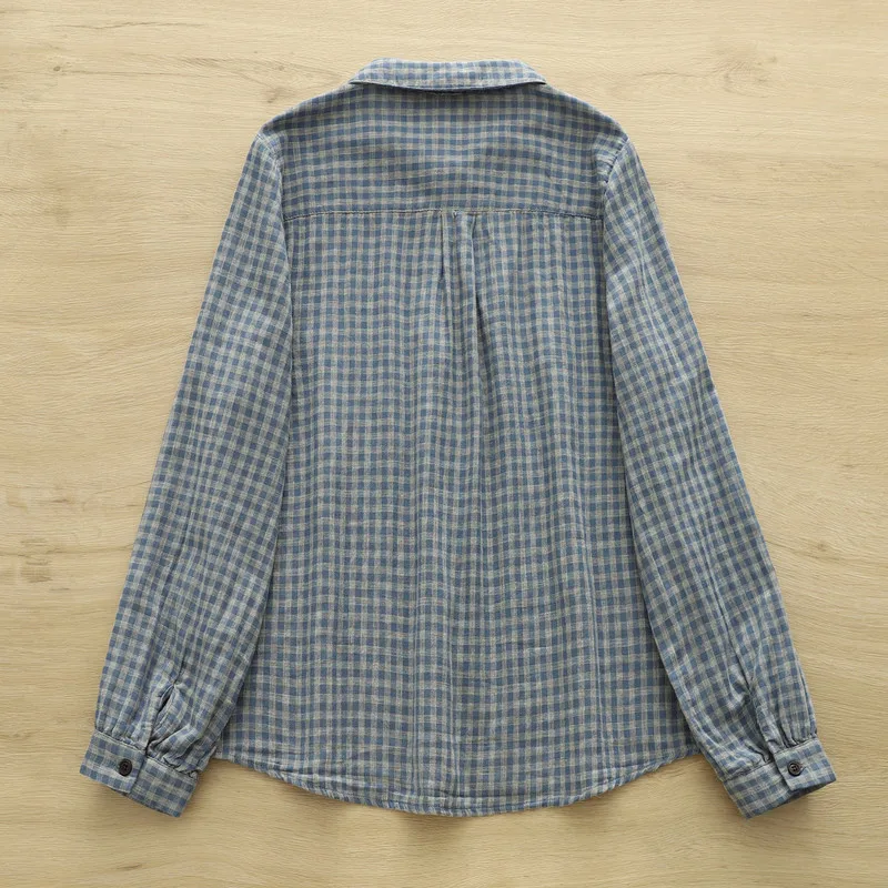 جديد 2025 الخريف غزل القطن قميص طويل الأكمام ، المرأة بدوره إلى أسفل طوق منقوشة ، موري فتاة موضة تخفيف بلوزة فضفاضة T59188CC