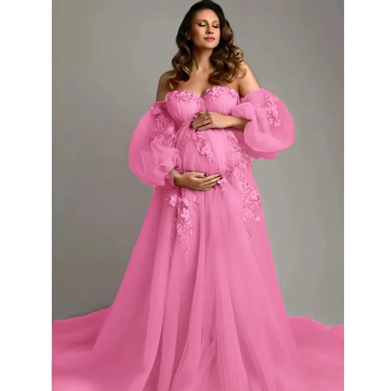 Gaun Hamil Hasil Jahitan Tangan - Gaun Tulle Transparan Tanpa Tali Bahu dengan Aplikasi Bordir untuk Acara Baby Shower & Pemotretan Kehamilan