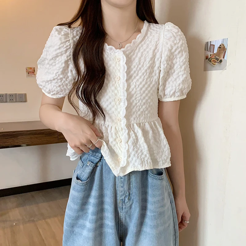 Sweet Lace Shirts Women Summer Korean Style Design All-match Puff Sleeve Lovely Cropped Fashion Elegant Young Casual Street Wear