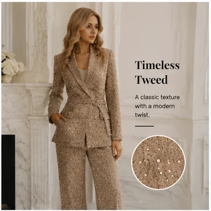 Women's Luxury Beige Tweed Suit, Pearl Detail Blazer Set, Elegant Business Casual Outfit for Office, Events & Parties