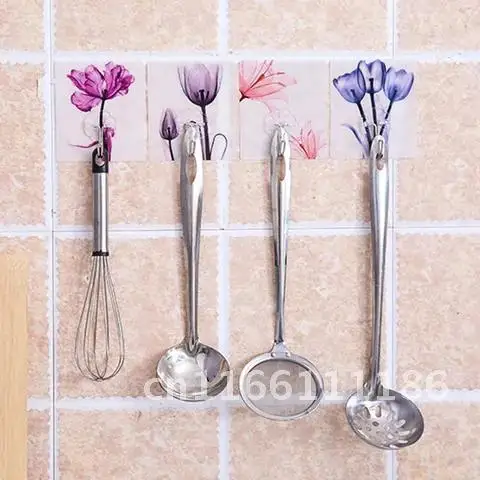 Kitchen Hanger Flower Pattern PVC Portable Bathroom Accessories Clothes Towel Rack Adhesive Hook Wall Sticky Holder 1 PC