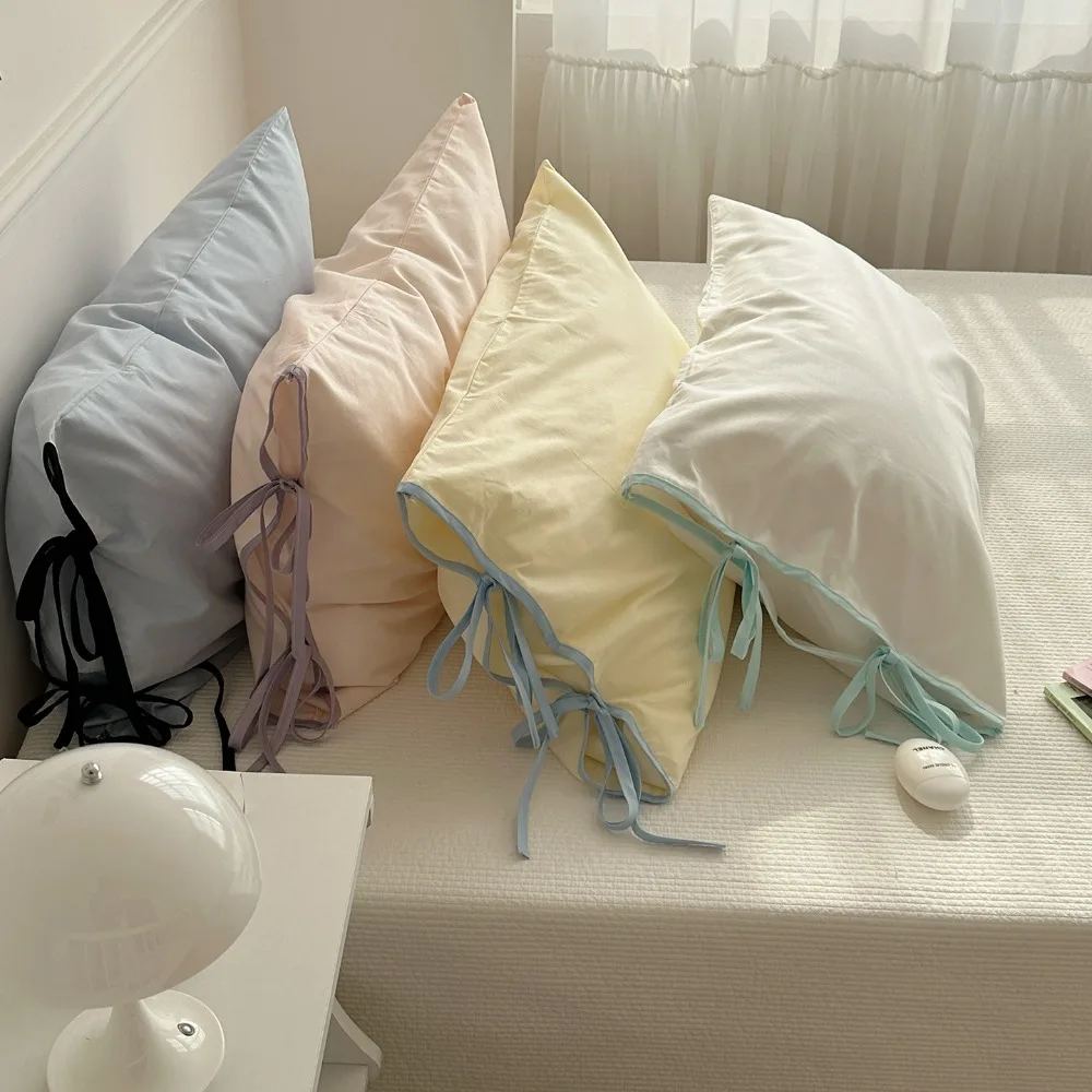 

2PCS Bedding Solid Color Bow Pillow Cover Nordic Style Soft Cotton Pillowcases Washable Breathable Cushion Covers Kids Room