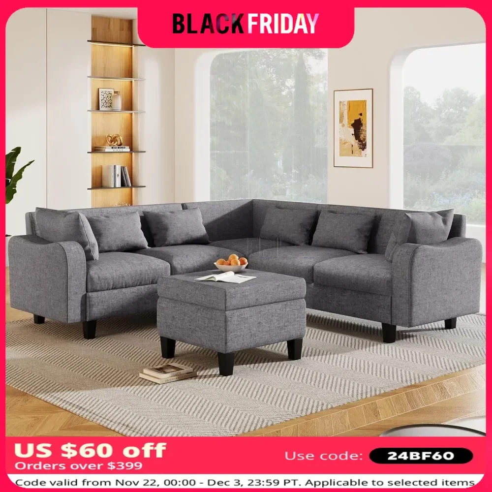 L-Shaped Couch with Coffee Table & 6 Pillows 6Seat Sectional Sofa with Storage Ottoman & Unique Curved Armrest Convertible Sofa