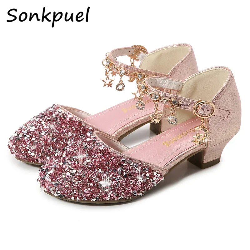 2024 Girls Glitter Sandals Children High Heels Shoes Kids Performance Crystal Sandals Baby girl Catwalk Princess Children Shoes