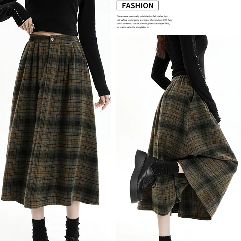 2024 Women Fashion Elastic Waist Plaid Woolen Skirt Autumn Winter Advanced Sense Comfort Loose Casual A-Line Half Length Dress