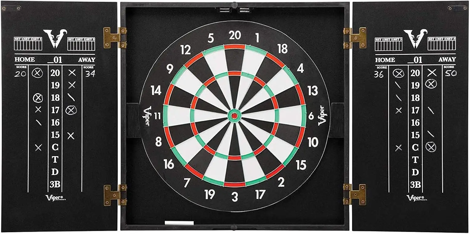 

2-in-1 Reversible Dartboard Cabinet Set with Steel-Tip Darts, Baseball Game, Chalk Scoreboards, Matte Black Finish
