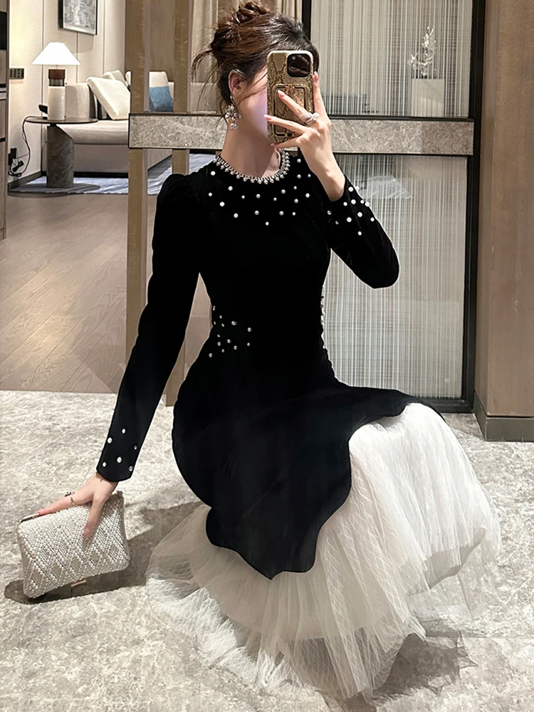 Frauen Kleidung Retro Samt Mesh Oansatz Schlank Meerjungfrau Kleid Elegante Abend Party Geburtstag Vestido Robe Casual Neue Formale Anlass