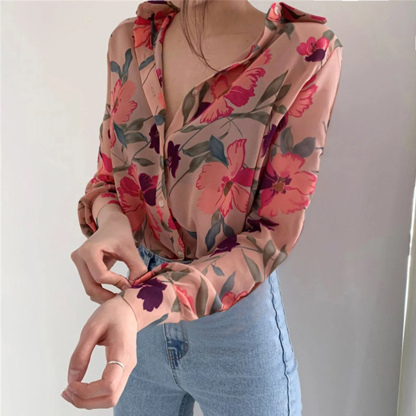 Floral Shirts Womens Print Chiffon Top Women Puff Sleeve V-Neck Blouse Vantage Long Sleeve Cardigan Transparent Office Ladies T