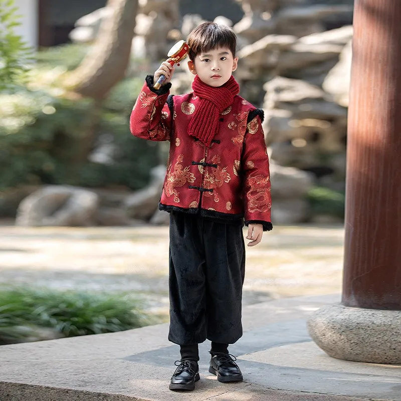 2024 Winter New Thick Warm Plush Tang Suit Boys Tradition Hanfu Cute Children\'s Chinese Dragon Embroider Kids New Year Clothing