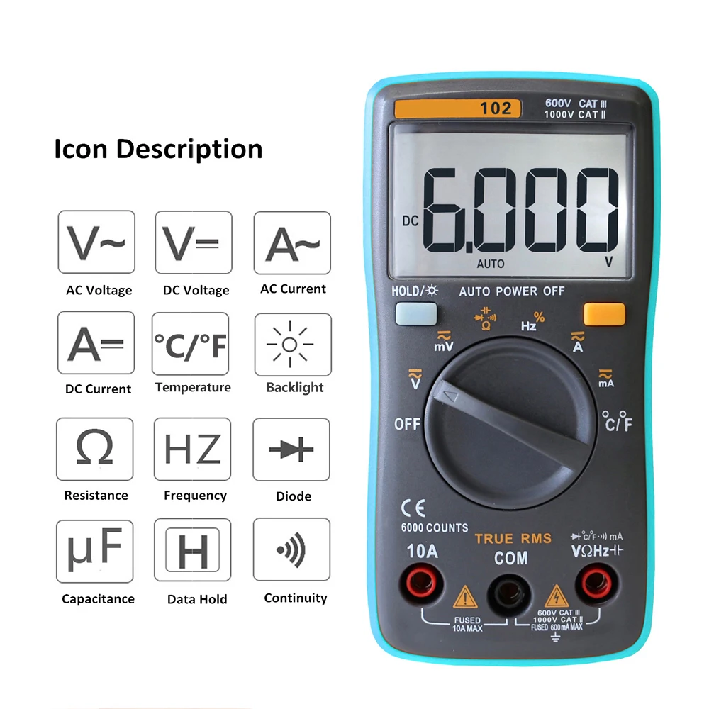 RICHMETERS RM102 True RMS Multifunctional LCD Digital Multimeter DMM DC AC Voltage Current Resistance