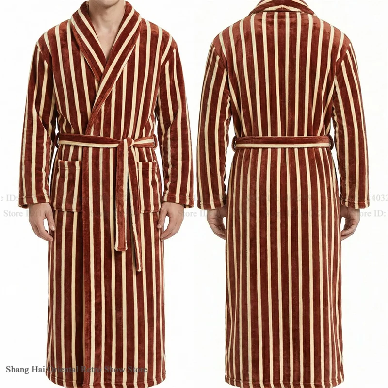 Thicken Flannel Men's Long Robe Kimono Bathrobe Gown Autumn Winter New Sleepwear Home Clothes Camel Stripe Coral Fleece Homewear