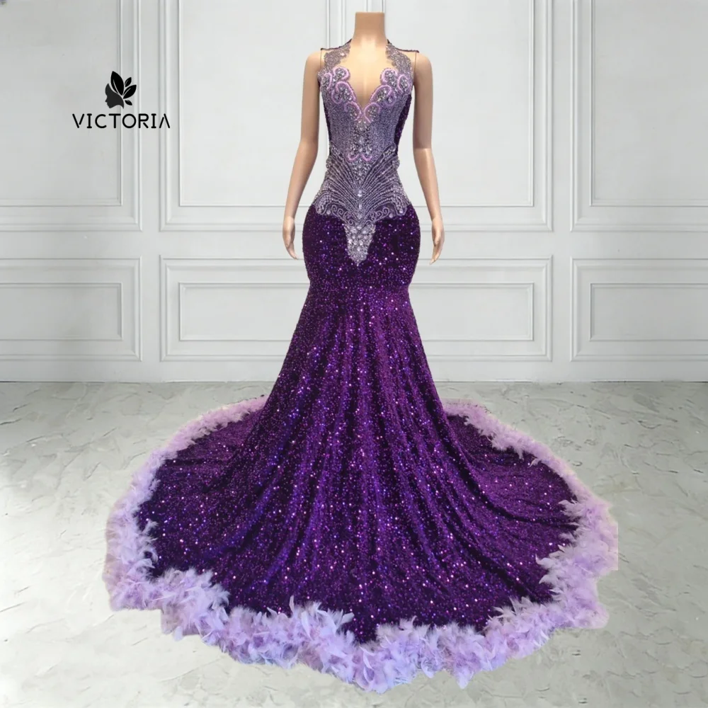 

Luxury Diamonds Prom Dress for Black Girl Purple Feathers Sparkly Rhinestons Long Mermaid Patry Gown Customized robes de soirée