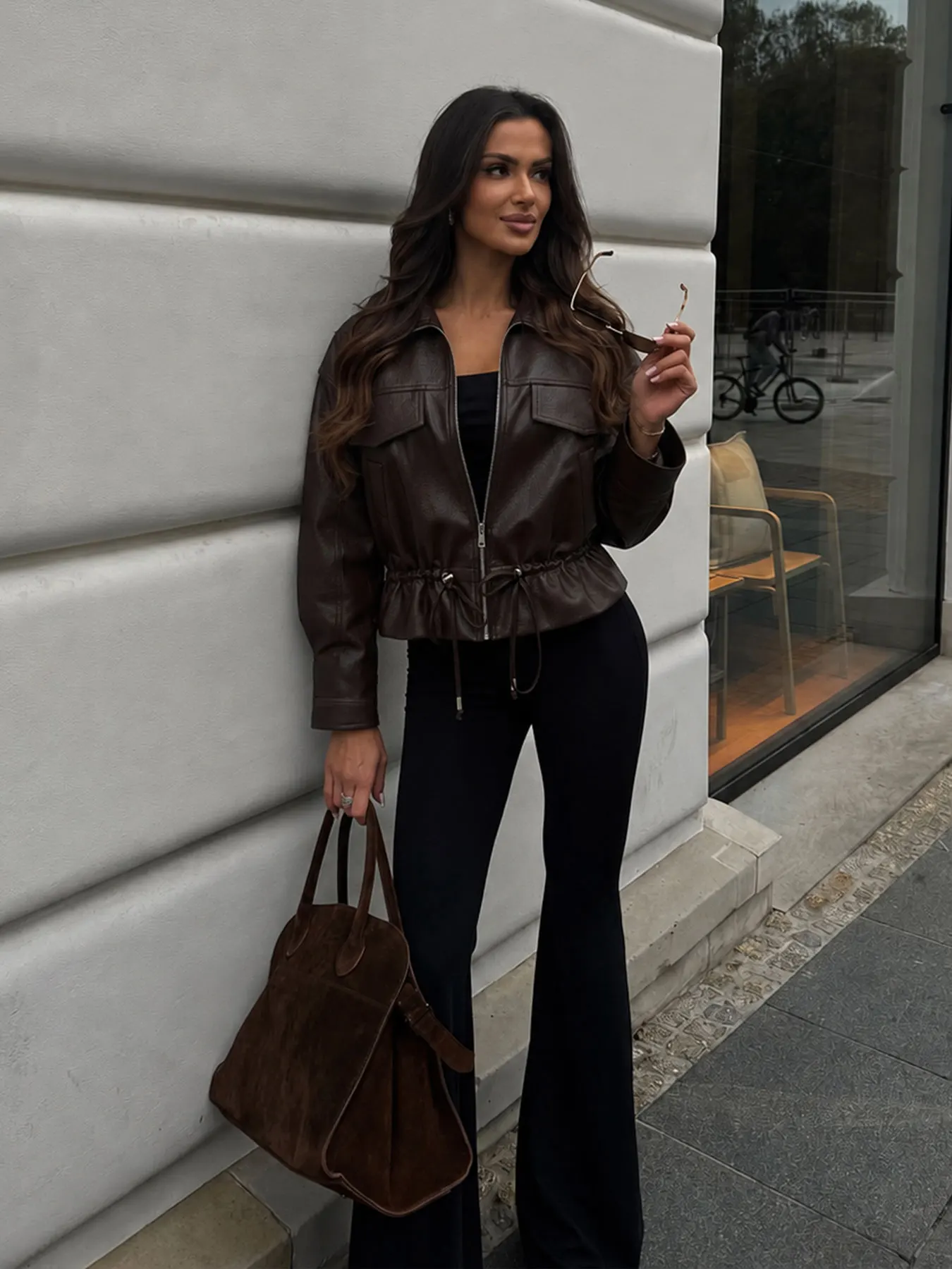 Women Elegant Fashion Brown Faux Leather Jakcet Long Sleeve Lapel Drawstring Coat Autumn Woman Street Commuter Zipper Outwear
