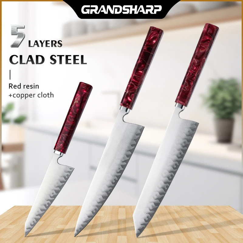 

Grandsharp 1-3 Pcs Sashimi Kitchen knives Set 5 Layers Clad Steel Japan Knife Hand-Forging Chef Cleaver Meat Knives Wood Handle