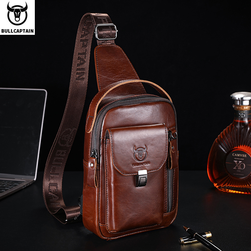  BULLCAPTAIN Men's Genuine Leather Chest Bag Casual Retro 7.9-inch Mobile Phone Bag Multifunctional Anti-Theft Crossbody Bag