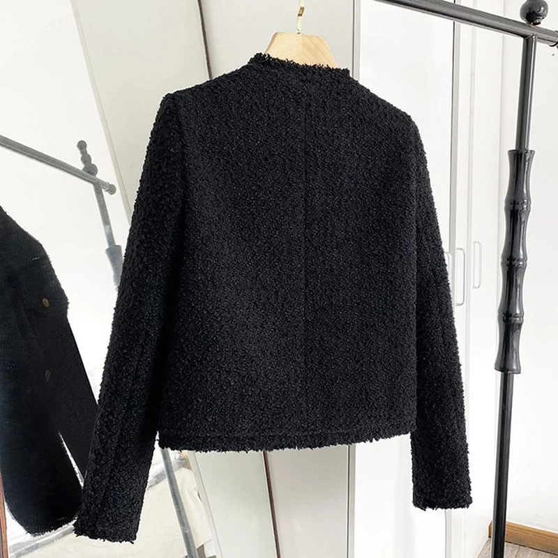 Rimocy Cropped Tweed Jacket Women Korean Fashion Round Neck Single-breasted Jackets Woman Autumn Winter Long Sleeve Chic Coats