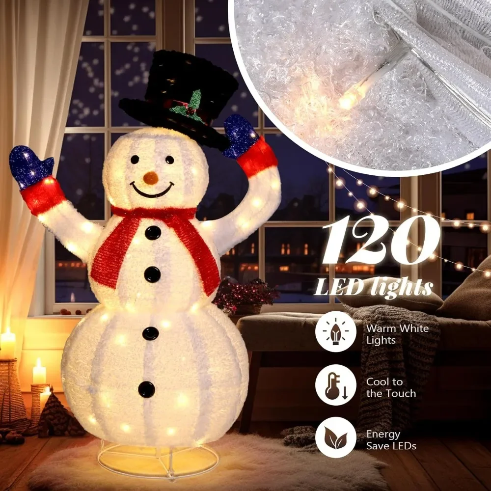 4FT Lighted Snowman Christmas Decorations w/ 120 LED Lights, Auto Take on/Off Hat, Pop-up Snowman Ornaments with Ground Stakes