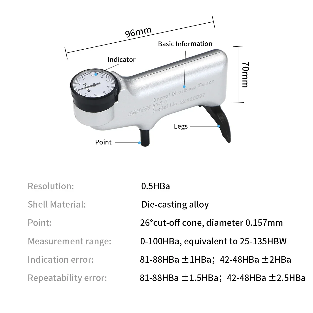 SHAHE 934-1 Barcol Hardness Tester Portable Aluminum Alloys Brass Glass Metal Hardness Tester