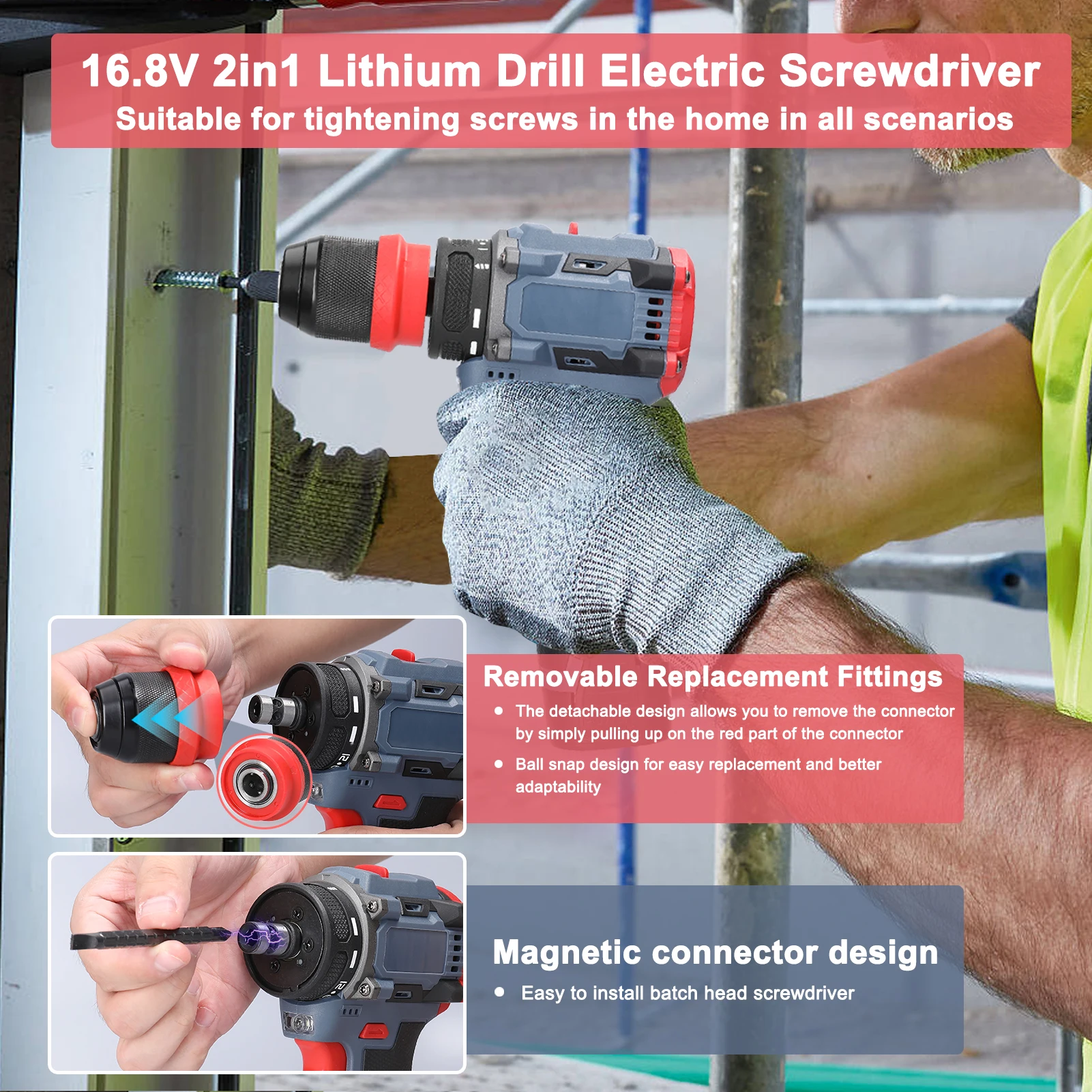 16,8 V/21 V bürstenloser 2-in-1-Elektroschrauber, 45/55 Nm, wiederaufladbarer Multifunktions-Akku-Schraubendreher, Schlagbohrmaschine – Detail 5