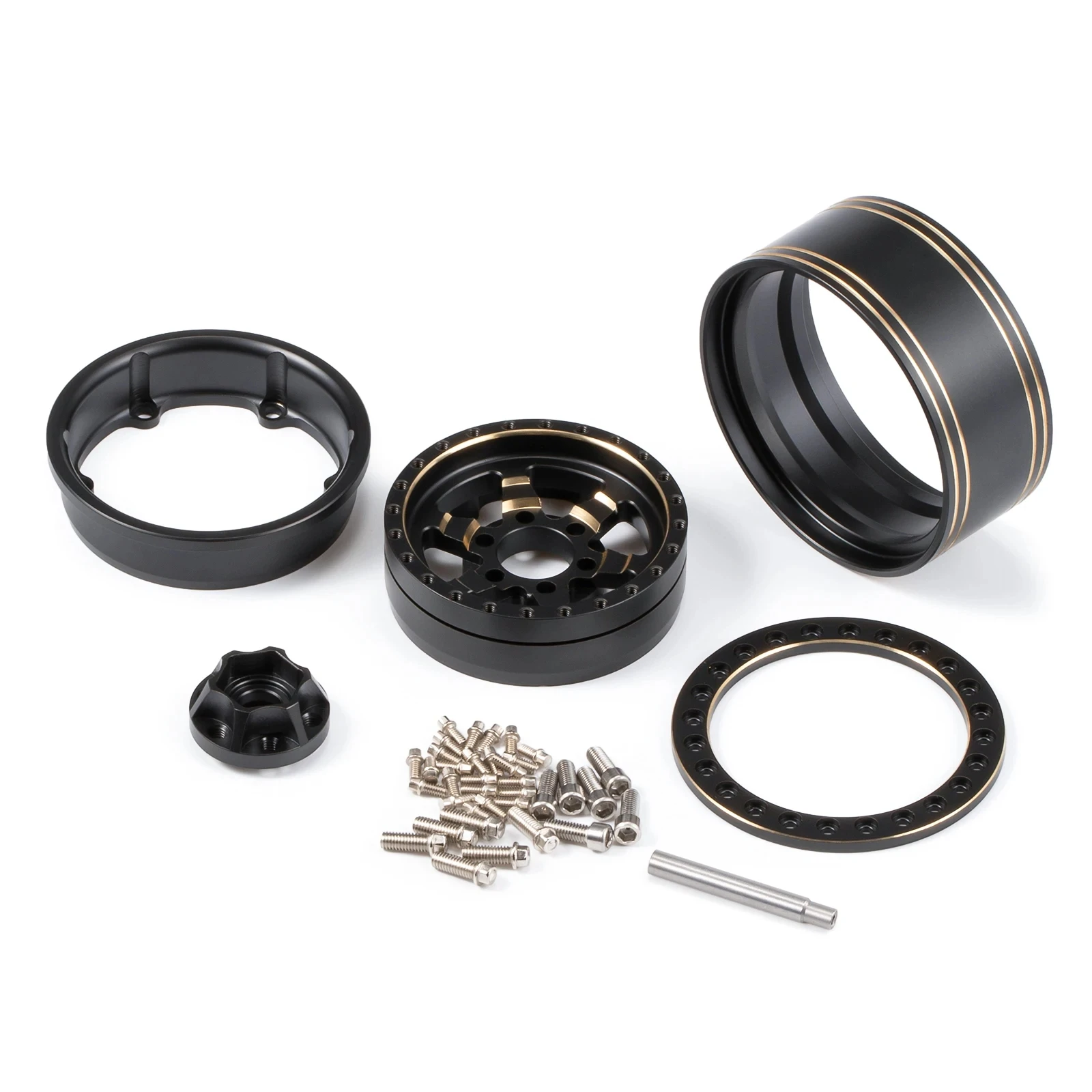 スケールハードウェア、scx10、caprawraith、rr10、trx4、trx6、rgt 86100、redcat、1.9を備えた重い真ちゅう製のベアドロックホイールリム