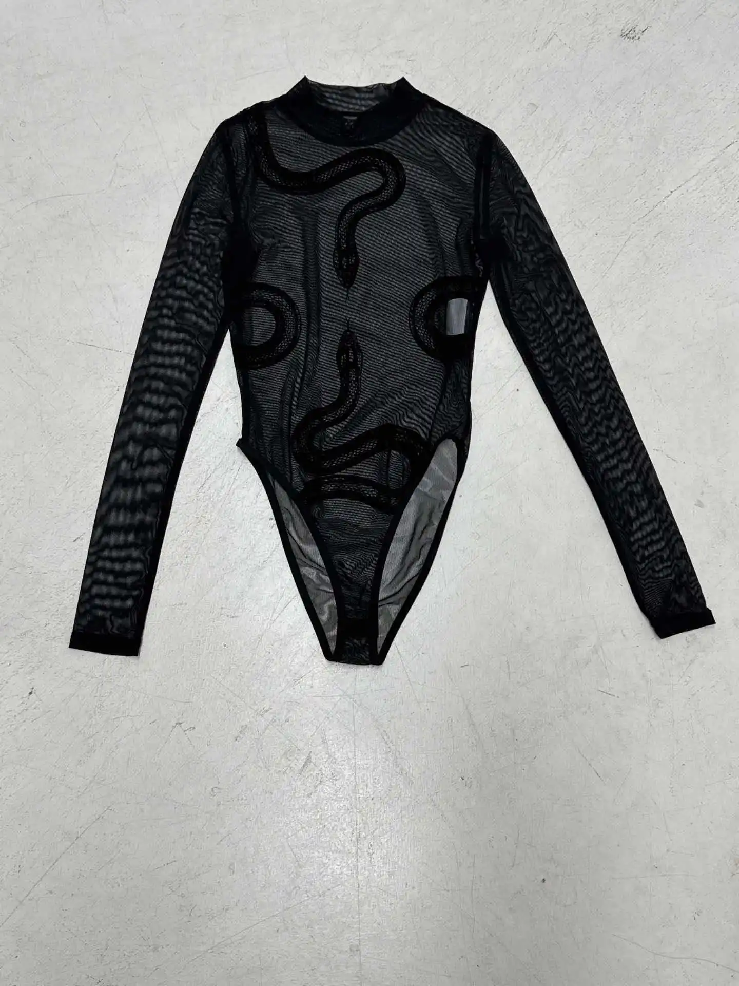 New spicy girl snake print perspective sexy splicing round neck mesh bodysuits for women