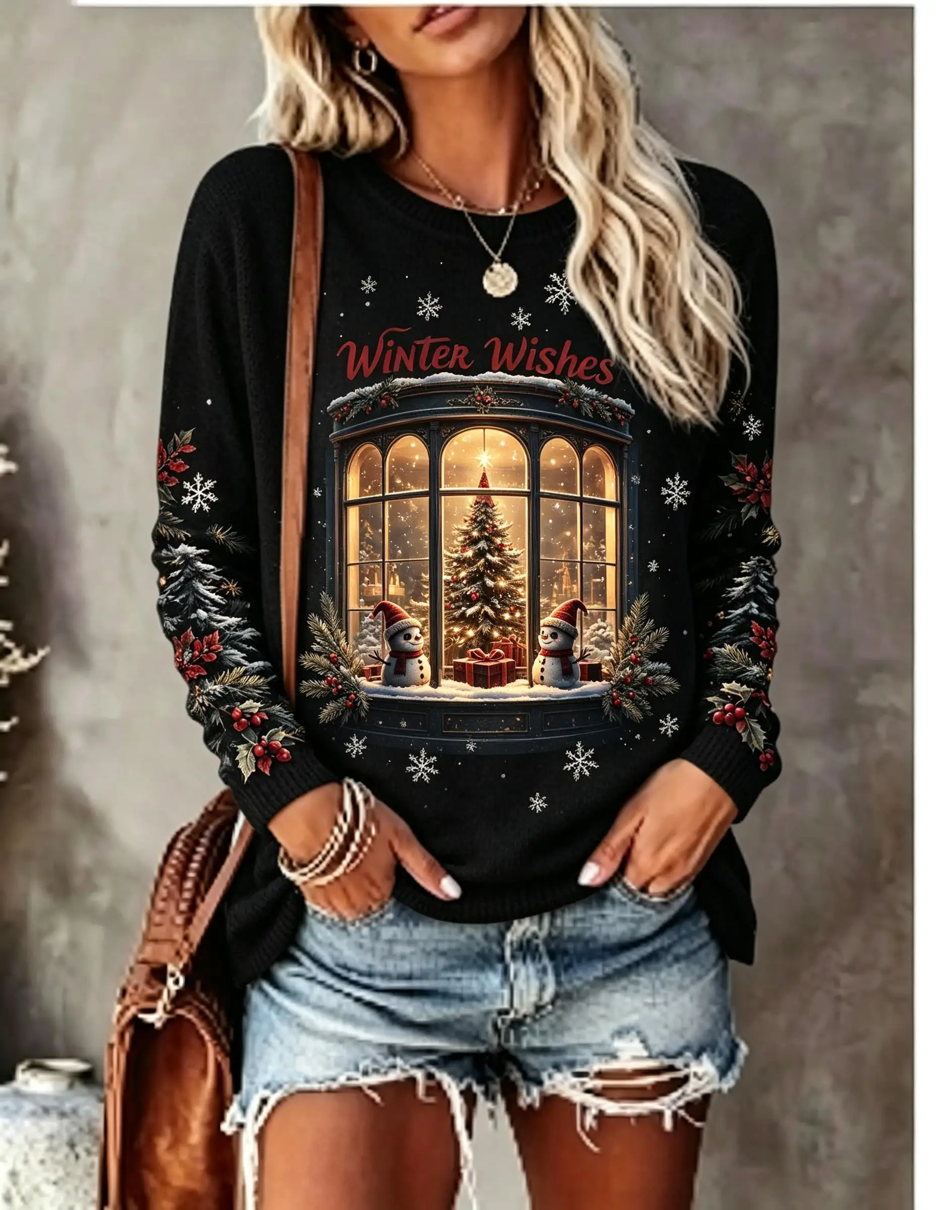Women Long Sleeve T‑Shirt Winter Wishes Christmas Window Snowman Xmas Tree Snowflake Print Crew Neck Casual Tops