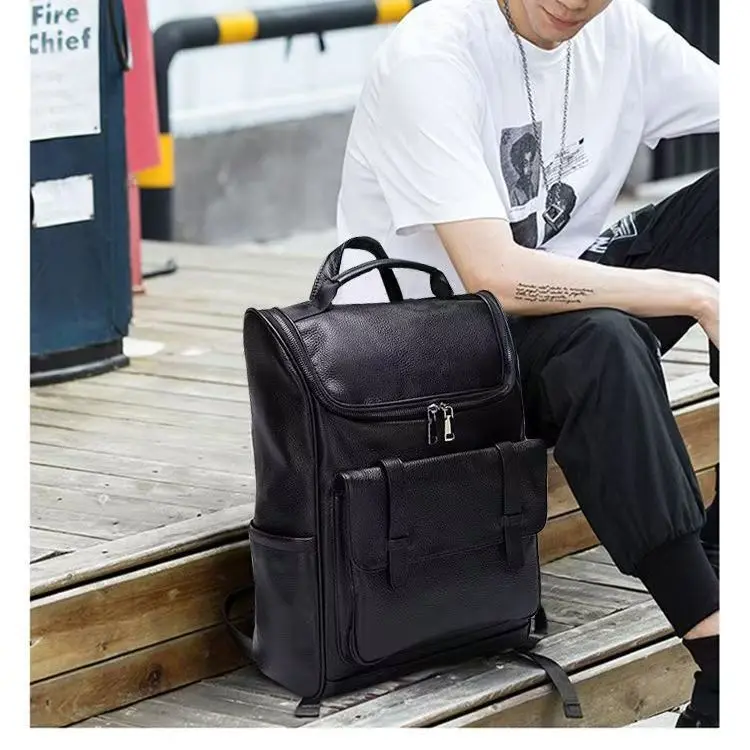 New Business Men Backpack First Layer Cowhide Men's Bag Genuine Leather Schoolbag Large 16 Inch Laptop Travel Backpack Designer