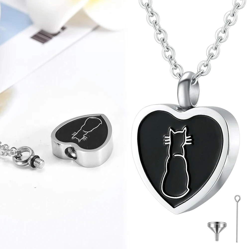 Cat Heart Stainless Steel Cremation Pendant Memorial Necklace Ashes Holder Urn Pet Funeral Keepsake Jewelry
