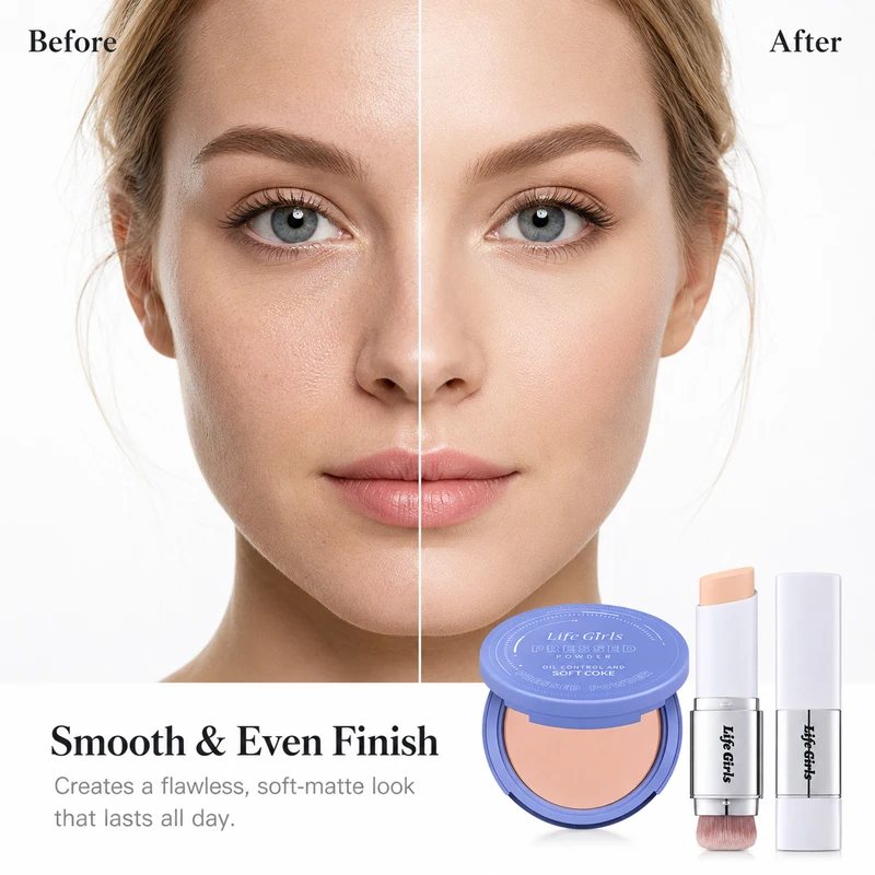 Life Girls 2Pcs Makeup Base Set, 3 Shades Pressed Powder + Foundation Stick With Built-In Brush, Oil Control Soft Matte Face Powder, Natural Coverage Concealer Stick, Pore Blurring Longwear Waterproof Compact Cosmetics