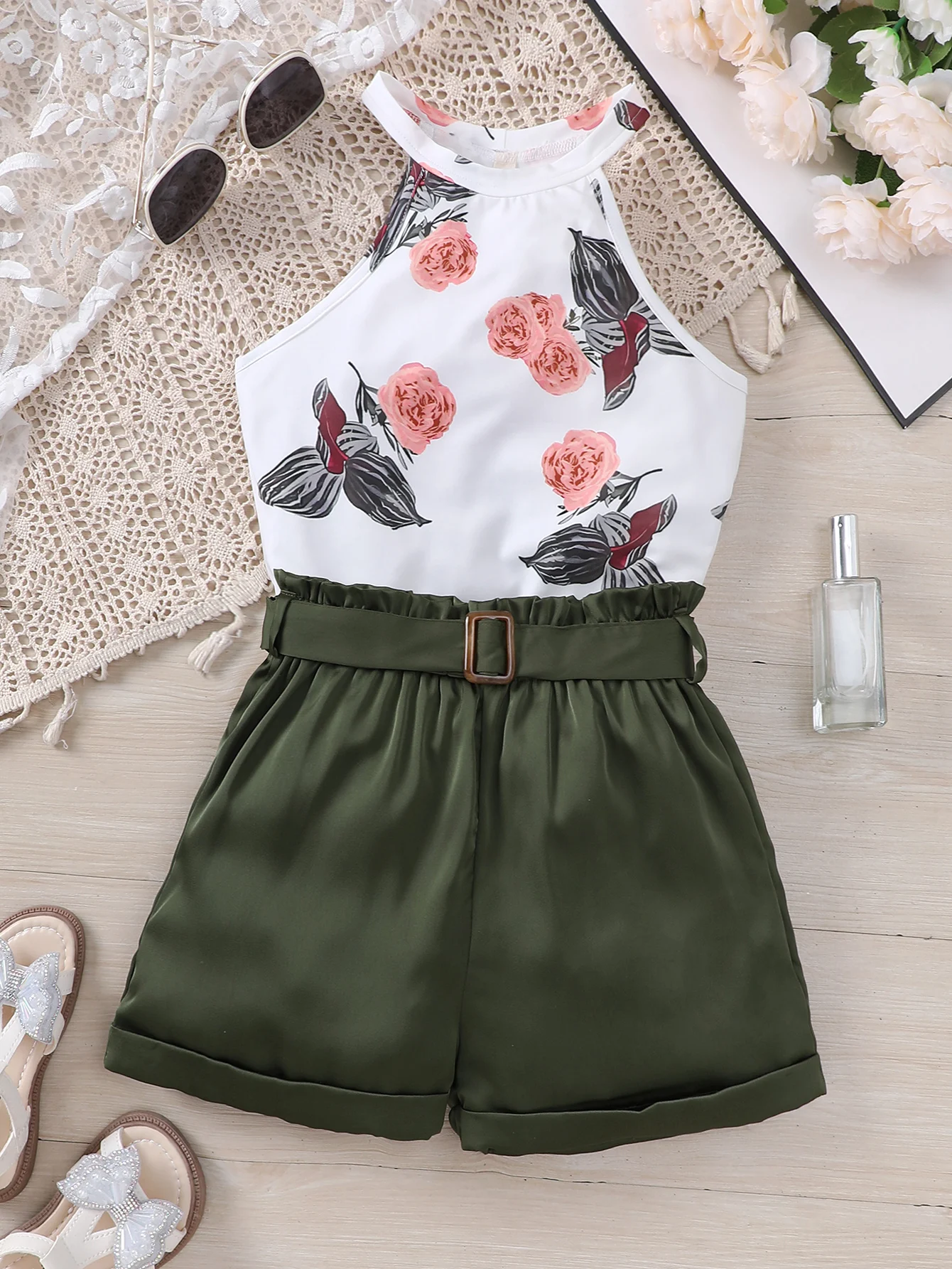 Girls summer casual print sleeveless T-shirt army green shorts