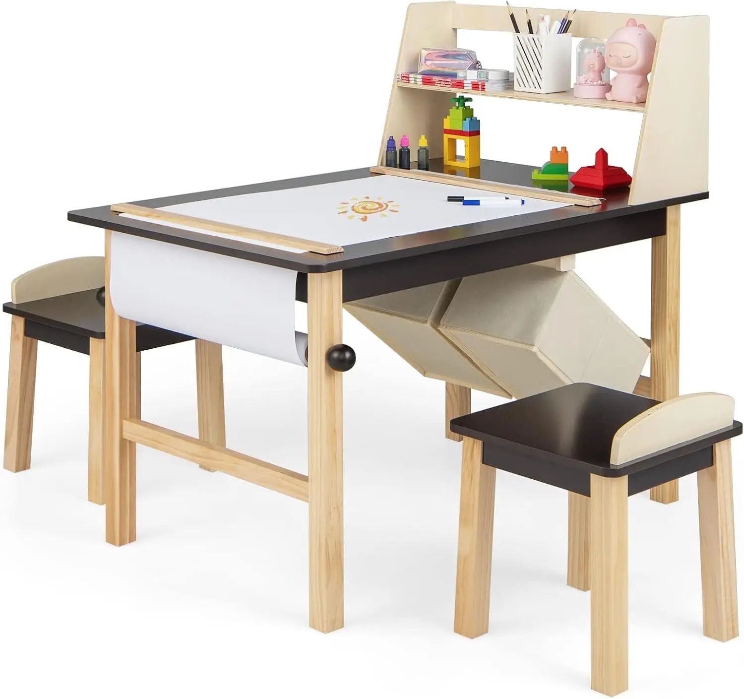 

Kids Art Table and Chair Set, Wooden Activity Table and 2 Stools w/a Paper Roll, 2 Markers, 2 Storage Bins for 3+ Years Old Boys Girls Drawing Painting Craft, Toddler Table and Chairs (Brown)