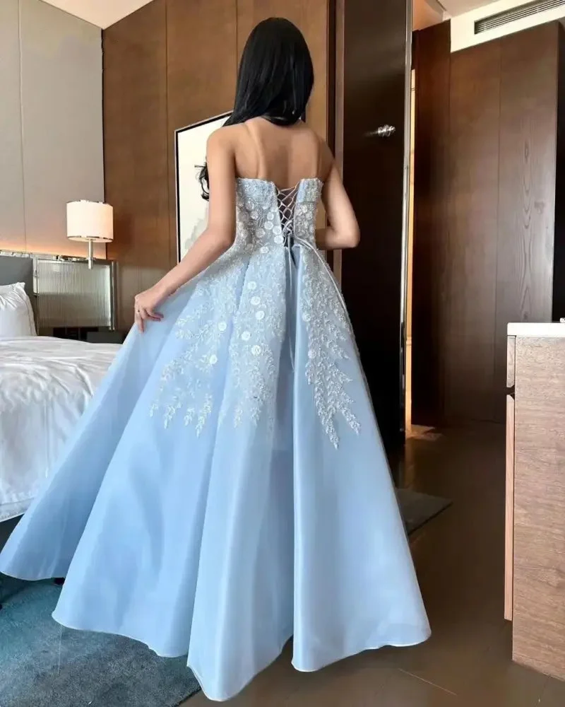 Luxury Tulle Strapless A-line Evening Dresses Elegant Backless Lace Up 3D Flowers Appliques Sequin Glitter Long Party Dress Blue