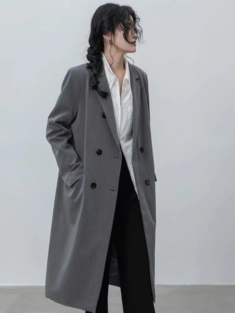 Long Blazer Women Spring Autumn Jacket Korean Double-breasted Chic Windbreaker Black Suit Office Ladies Business Outerwear Robe