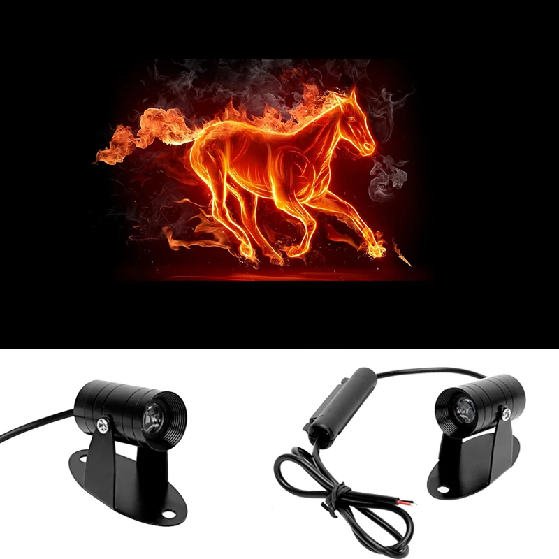 1Pc Flame Horse Symbol Motorcycle Black Spotlight Ghost Shadow Light Rear Welcome Decorative Projector Car Accessories