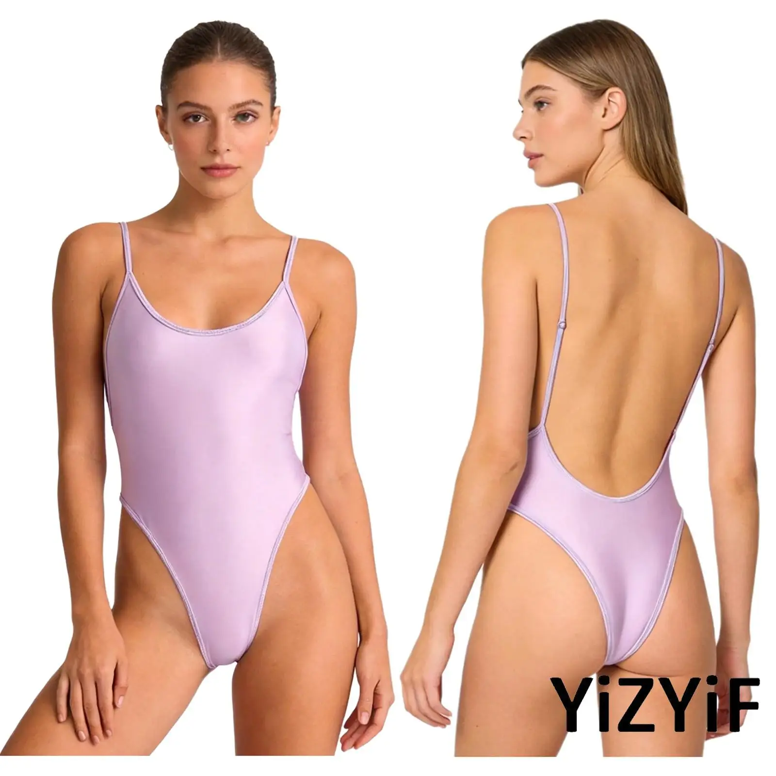

Women Oil-shiny Glossy Leotard Playsuits Nightwear Backless High-cut Stretchy Sling Bodysuit One-piece for Summer Swimming