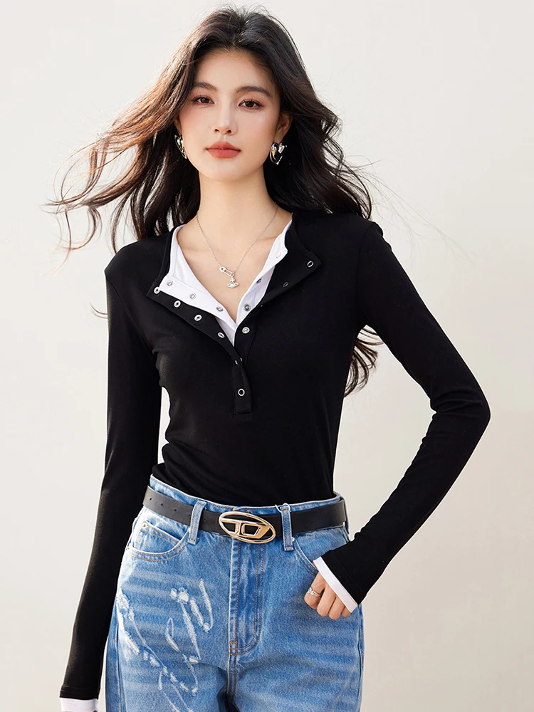

Fake Two Piece Long Sleeve T-shirts Women Fashion Popular All-match Female Slim Tops Casual T-shirt 2025 New