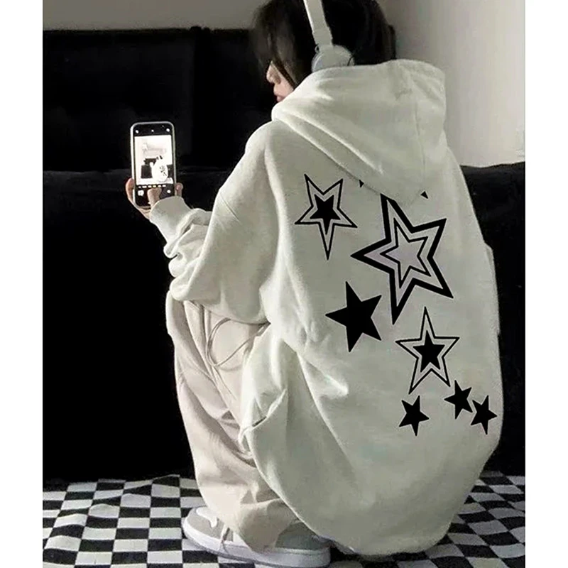 Harajuku Streetwear Sweatshirt Unisex Oversized Y2K Stars Printed Loose Long Sleeve Hoodies For Women Autumn Winter Cute Tops