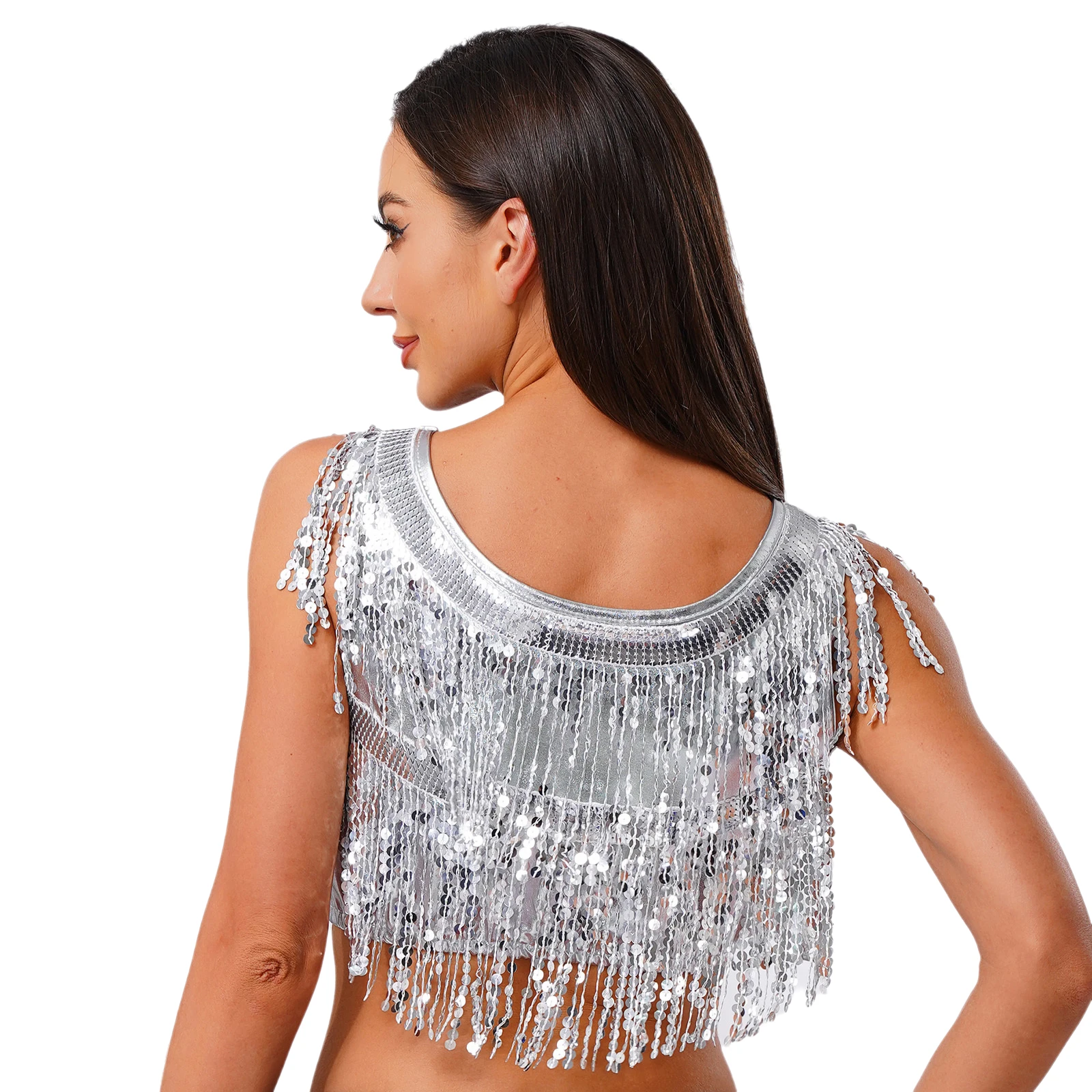 Débardeur à franges à paillettes scintillantes pour femmes, pompon métallique brillant, col rond, sans manches, coupe cintrée, haut court, chemisier de danse Disco