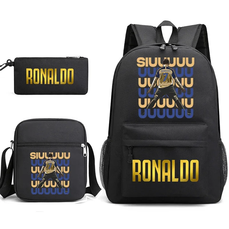 Conjunto de mochila con estampado de Ronaldo, bolso escolar para estudiantes del Campus, bolso de hombro, bolso de lápiz, Estilo negro, Juego de 3