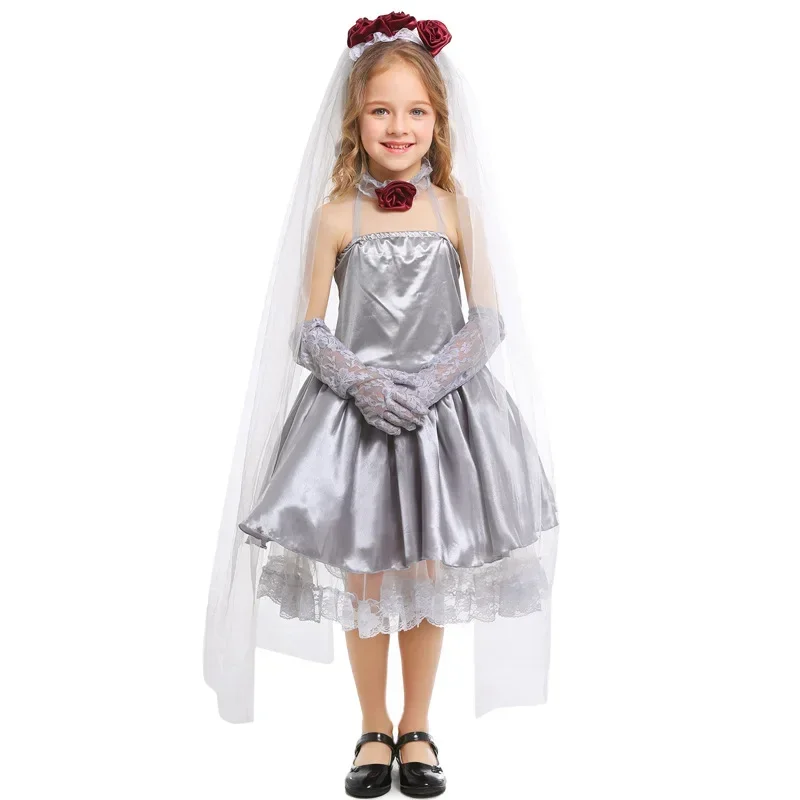 Child Kids Girls Bloodless Ghost Zombie Corpse Bride Costume For Teen Girl Halloween Day Of The Dead Dress