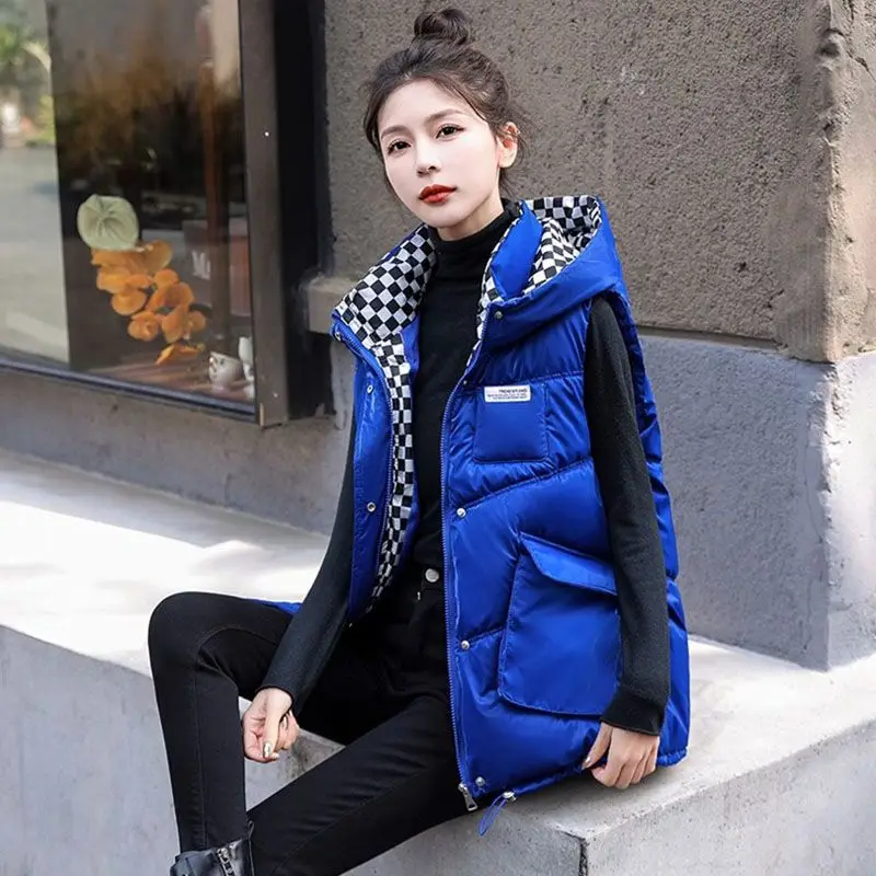 Splicing Hooded Checkerboard Pattern Design New Thickened Warm Shoulder Sleeveless Warm Jacket