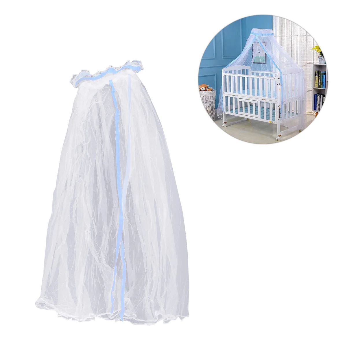 

Ventilated Safe Baby Crib Net Blue Lace Round Dome Lightweight Easy Install Elegant Decoration for Boys Girls Bed Canopy