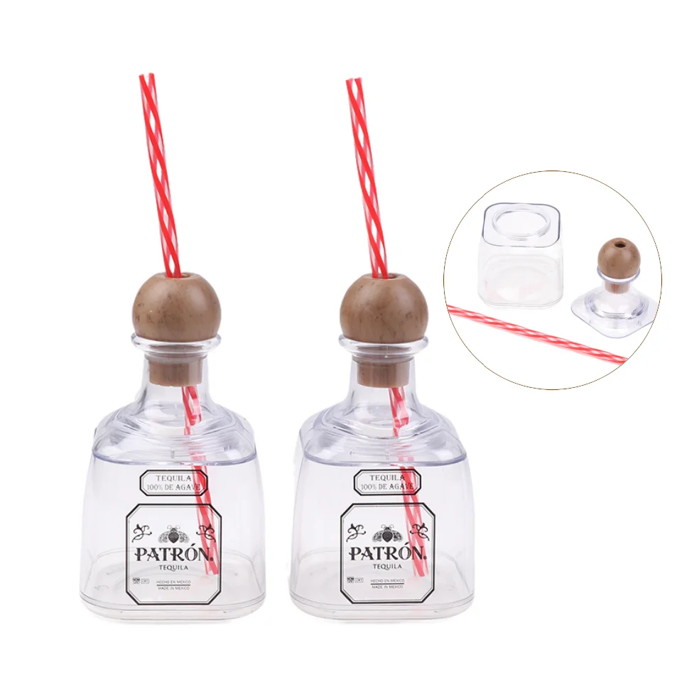 1/2/4Pcs 375ml Mini Tequila Bottle With Straw Hole Acrylic Reusable Cup Small Patron Bottle Empty For Drinking Kitchenware